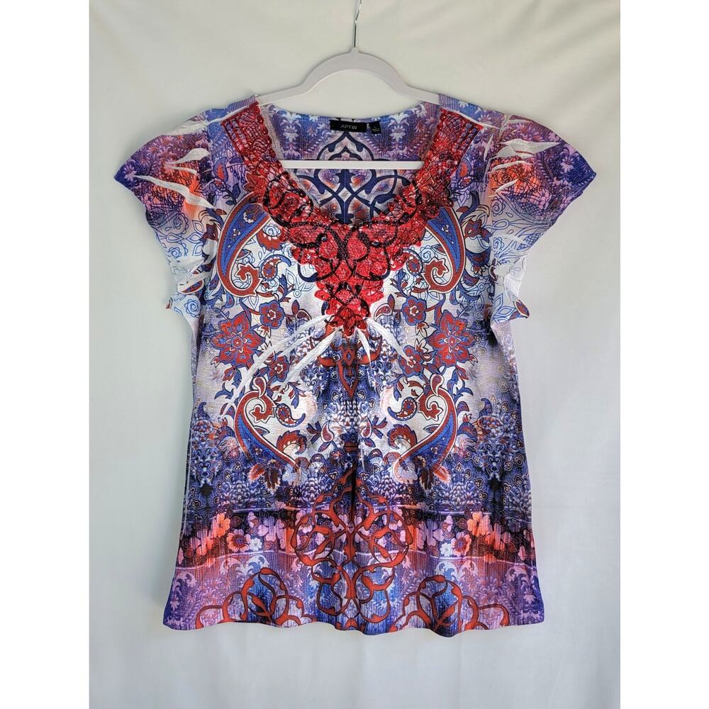 APT. 9 Patriotic Red White Blue Paisley 4th of July Rhinestone Blouse Size L - Picture 4 of 12